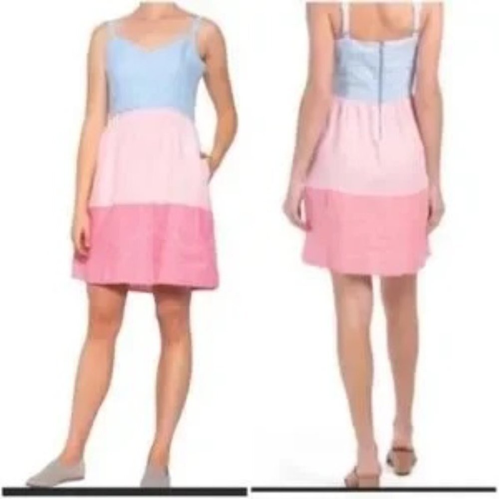 Cynthia Rowley Dress Womens Medium 100% Linen Color Blocked Exposed Zipper
